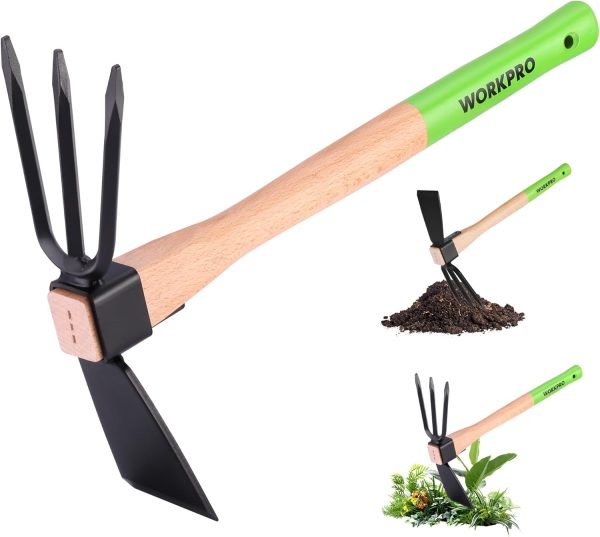 and Cultivator Rake with 14" Wooden Handle Sharp Hoe Blade & Sturdy
