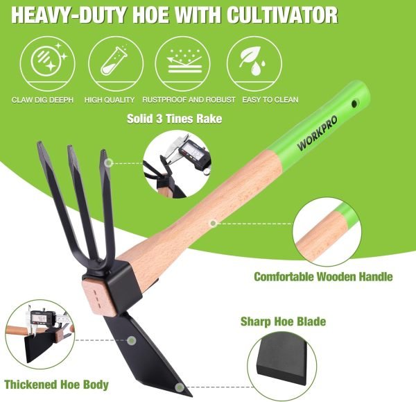 and Cultivator Rake with 14" Wooden Handle Sharp Hoe Blade & Sturdy