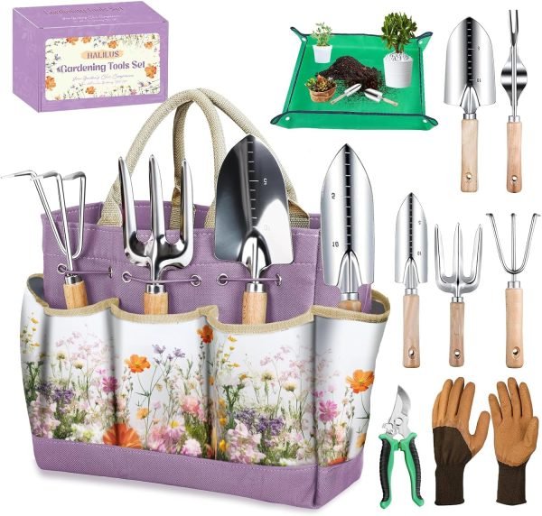 9-Piece Heavy-Duty Tools Set Stainless Steel Hand Tools with Purple Floral Tote
