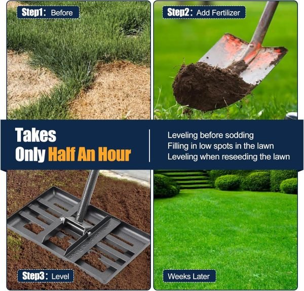 Leveling Rake with 17x10in Heavy-Duty Stainless Steel Head & 60" Adjustable Handle