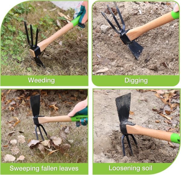 and Cultivator Rake with 14" Wooden Handle Sharp Hoe Blade & Sturdy
